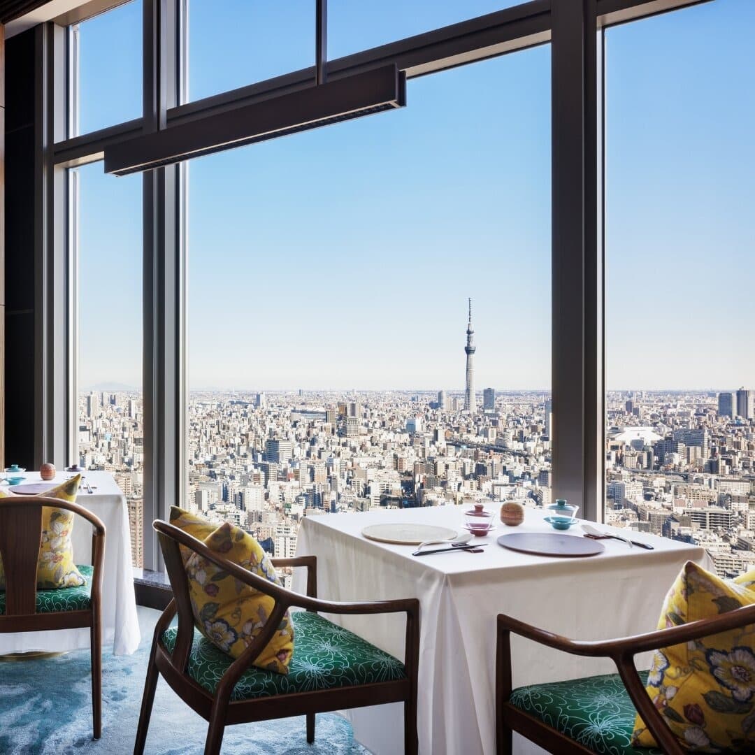 Tokyo restaurant table with a city view from a high floor