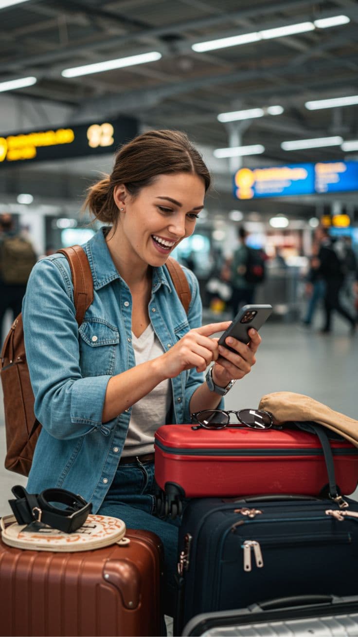 Traveler using a smartphone with luggage while planning a trip