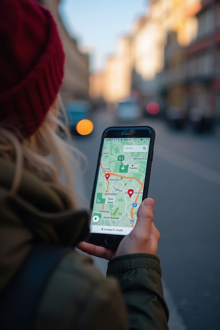 Traveler checking a map on a smartphone while looking for places to eat